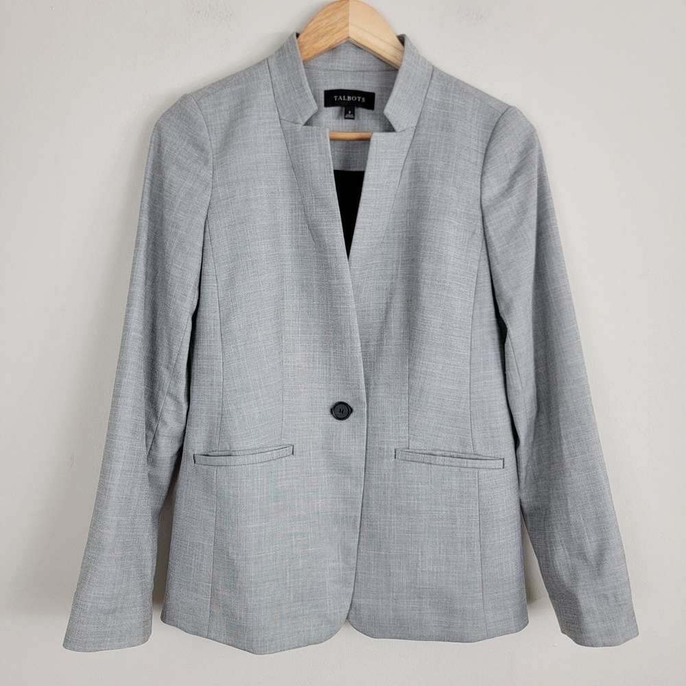 Talbots Blazer Jacket Womens 2 Gray 1 Button Stand Collar Lined Single Breasted